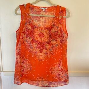 CAbi #268 Merrow edge chiffon semi sheer orange floral tank top blouse size M